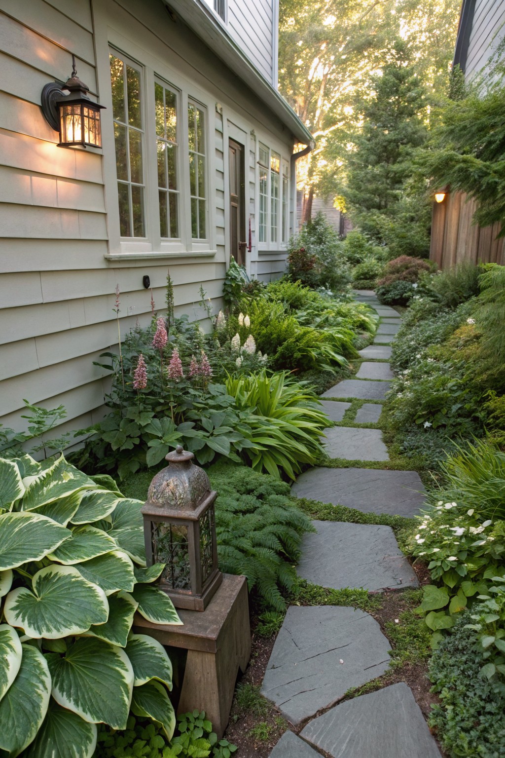 Narrow winding path of irregular gray flagstone slabs set in soil along a light gray shingled house exterior, bordered by lush green hostas, ferns, astilbe, and other plants, with lanterns and a wooden fence in a shaded garden.