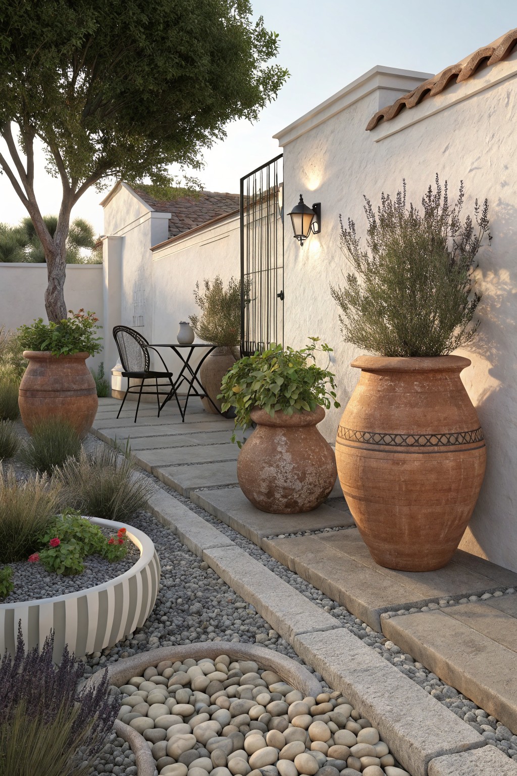Garden pathway with large terracotta pots containing plants like lavender and grasses, gravel mulch, stone edging, white stucco walls, black metal gate, and outdoor seating nearby.