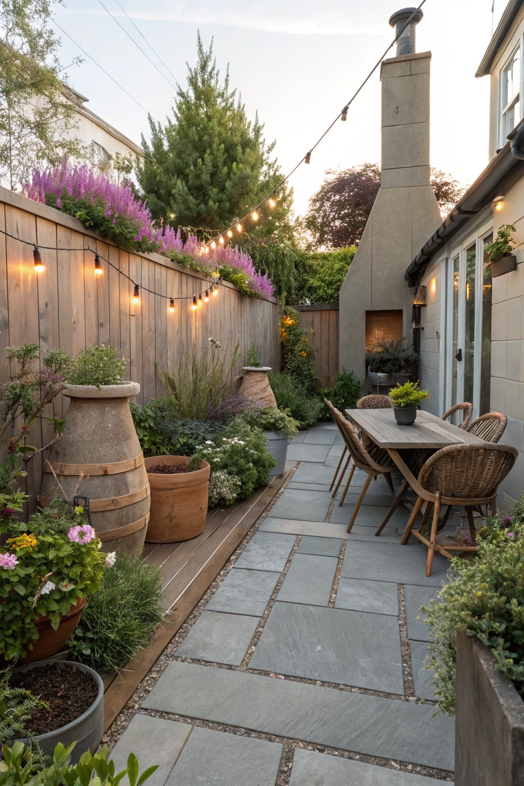 Narrow backyard patio area with gray stone paver walkway, wooden dining table surrounded by rattan chairs, large terracotta pots with plants, purple lavender bushes along a wooden fence strung with white string lights, and a stucco house wall featuring an outdoor fireplace and glass doors.