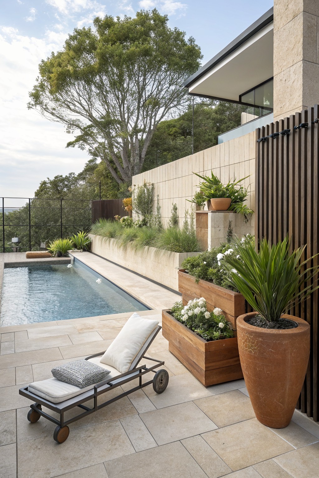 Poolside patio with turquoise lap pool, beige stone tiles, white lounger chair with pillows, tiered wooden planters filled with white flowers and greenery, large terracotta pot with succulent, stone retaining walls, wooden screen, and trees on a hillside.