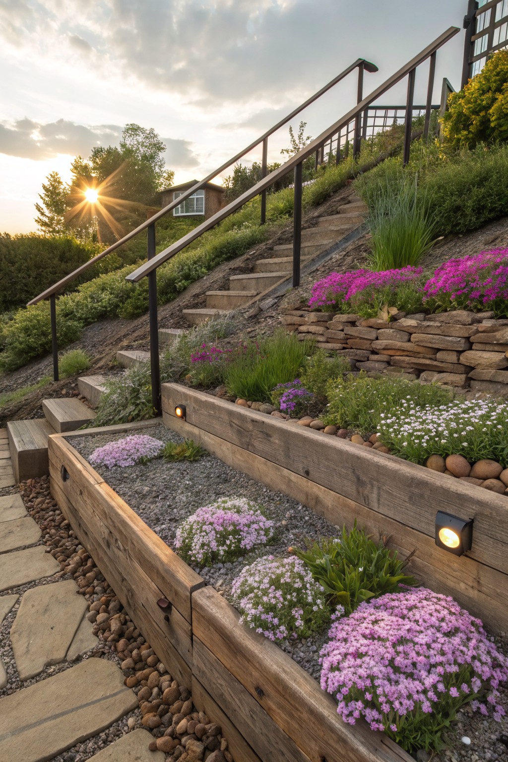 Sloped garden path with concrete stairs and metal railings ascending through stone retaining walls, wooden raised planters filled with pink flowers and gravel mulch, surrounded by green plants and shrubs, with a house visible above at sunset.