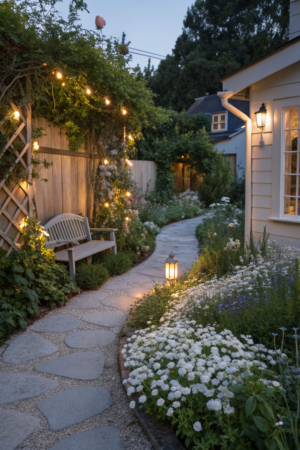 Curved garden path of irregular gray stepping stones set in light gravel, lined with dense white flowers, green foliage, a wooden bench, string lights on a trellis fence, a lantern on the path, and a white house in the background at dusk.