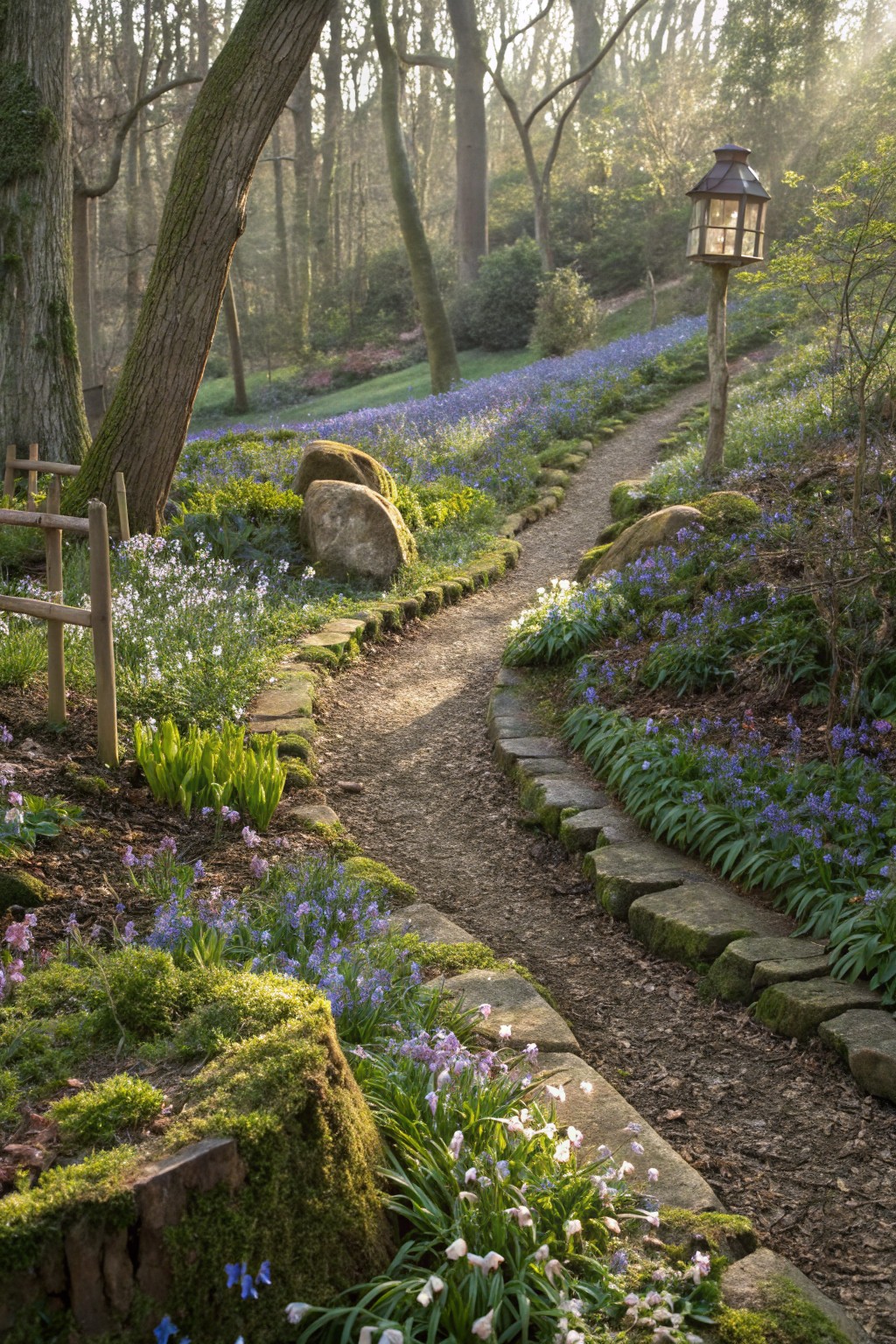 A curving dirt path edged with moss-covered irregular stones and bordered by dense bluebells, white flowers, ferns, and mossy logs in a sunny woodland garden with a lantern post nearby.