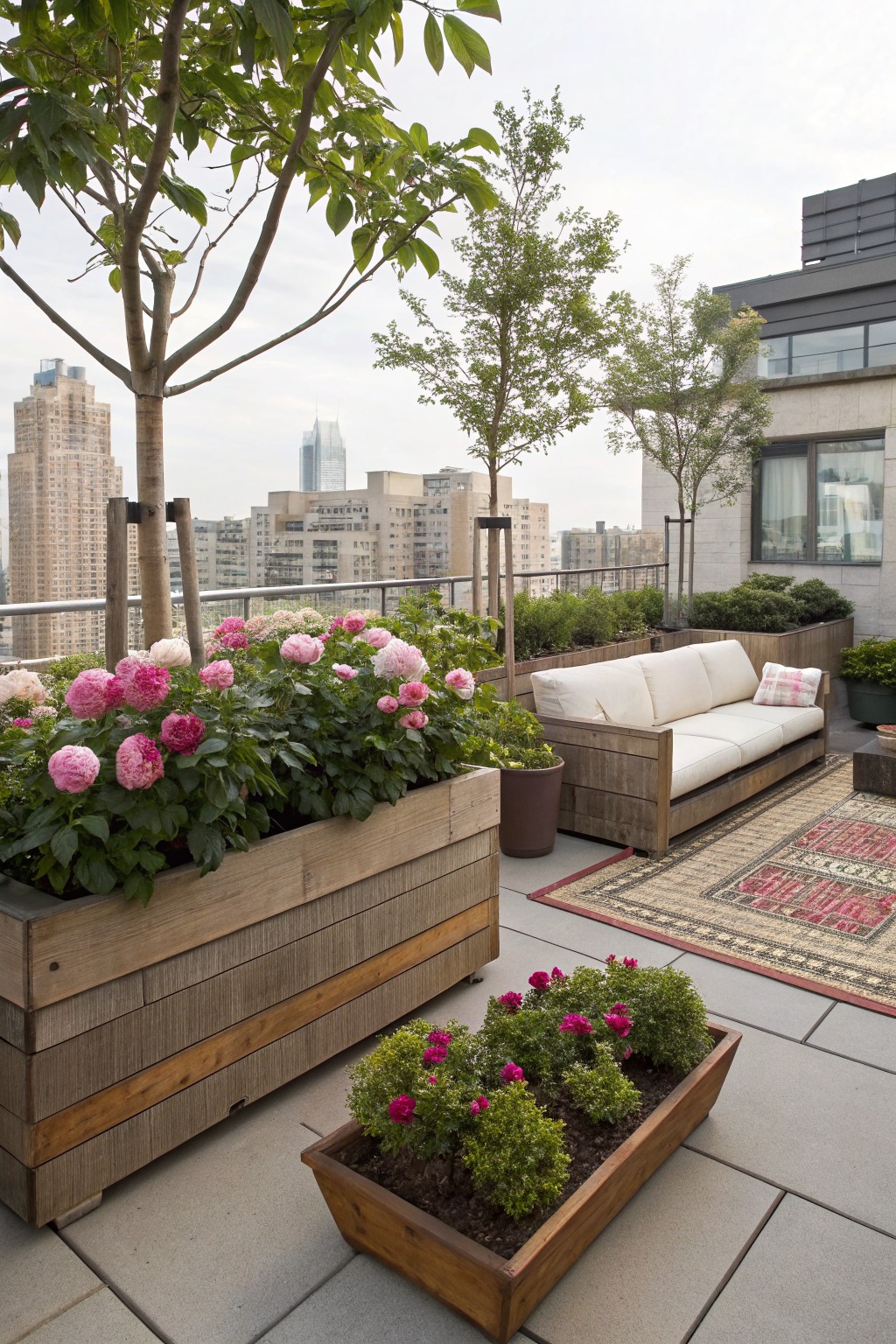 Rooftop terrace balcony with a white fabric sofa on a patterned rug, large wooden planters filled with pink peony blooms, smaller planters with boxwood, young trees, and Manhattan skyline in the background.