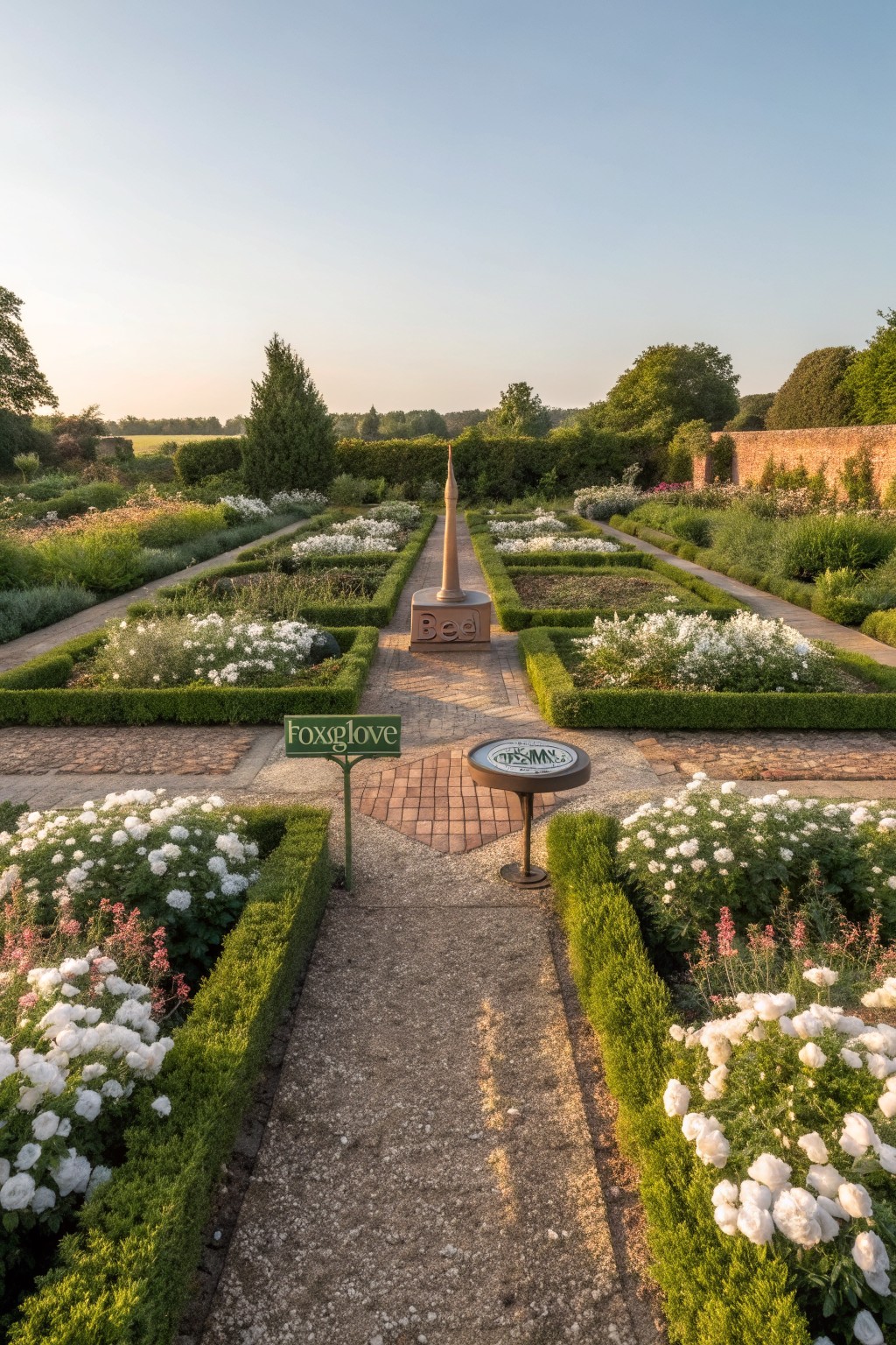 Formal parterre garden with symmetrical boxwood-edged beds of white flowers including peonies, gravel paths leading to a central brick obelisk, foxglove signs, a sundial, and enclosing brick wall under a sunset sky.