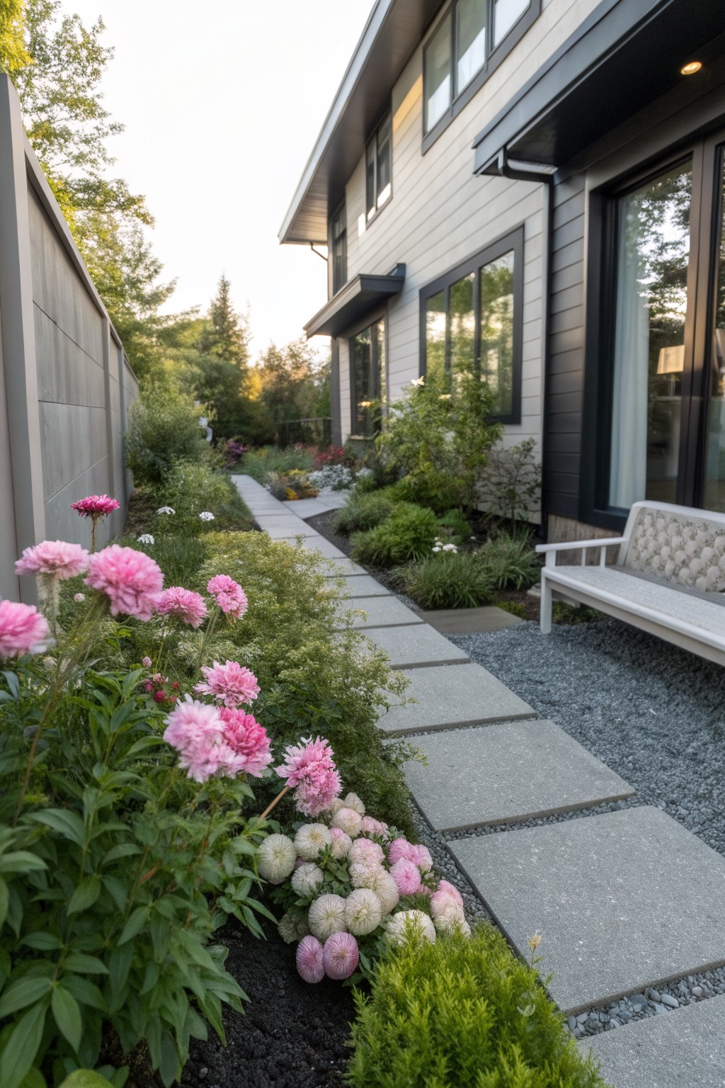 Narrow garden path lined with pink and white peony blooms, green shrubs, concrete stepping stones in gravel, and a white bench beside a modern house exterior with large windows and siding.