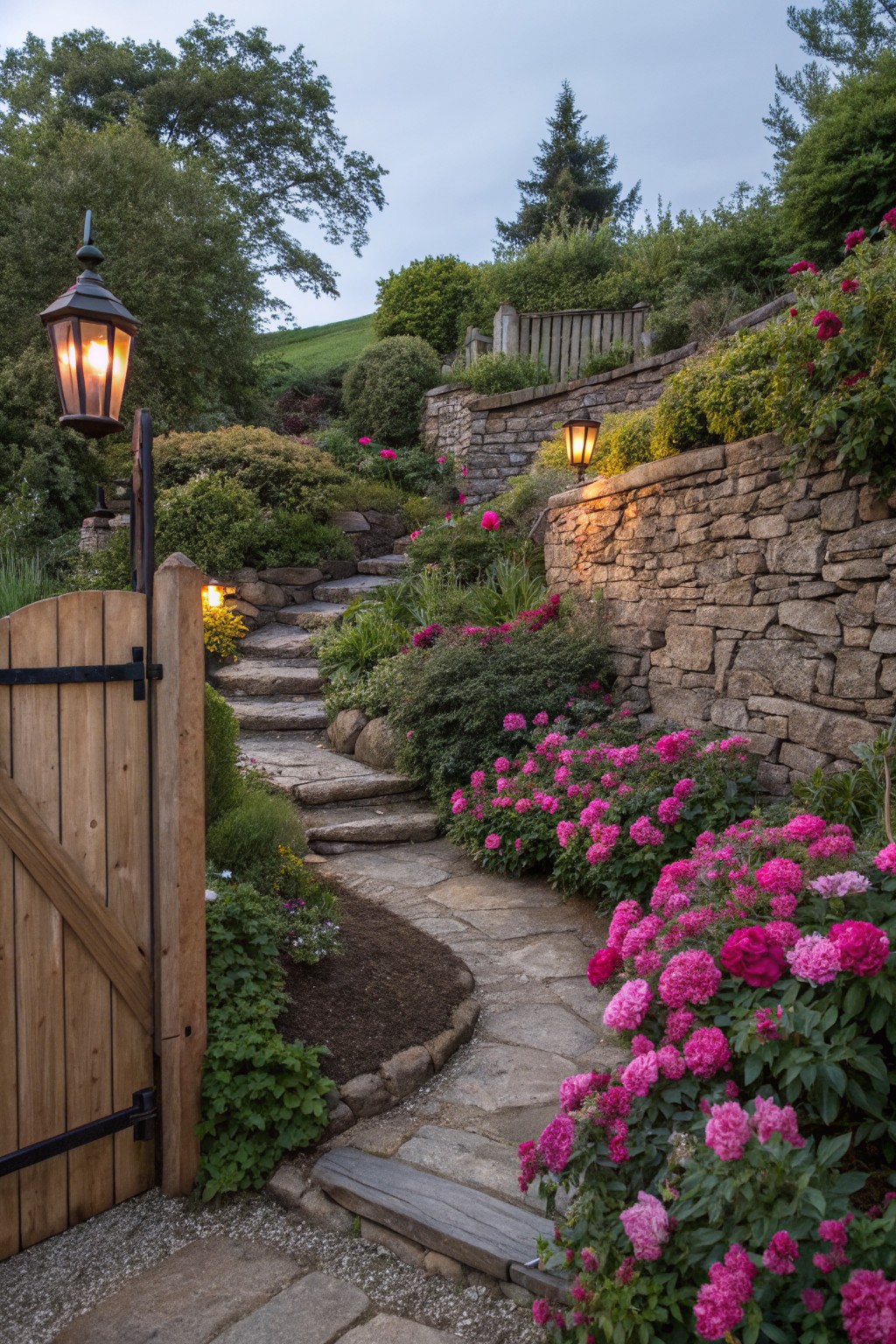 Wooden garden gate beside a winding stone path lined with dense pink peony bushes, stone walls, lanterns, and surrounding greenery on a hillside.