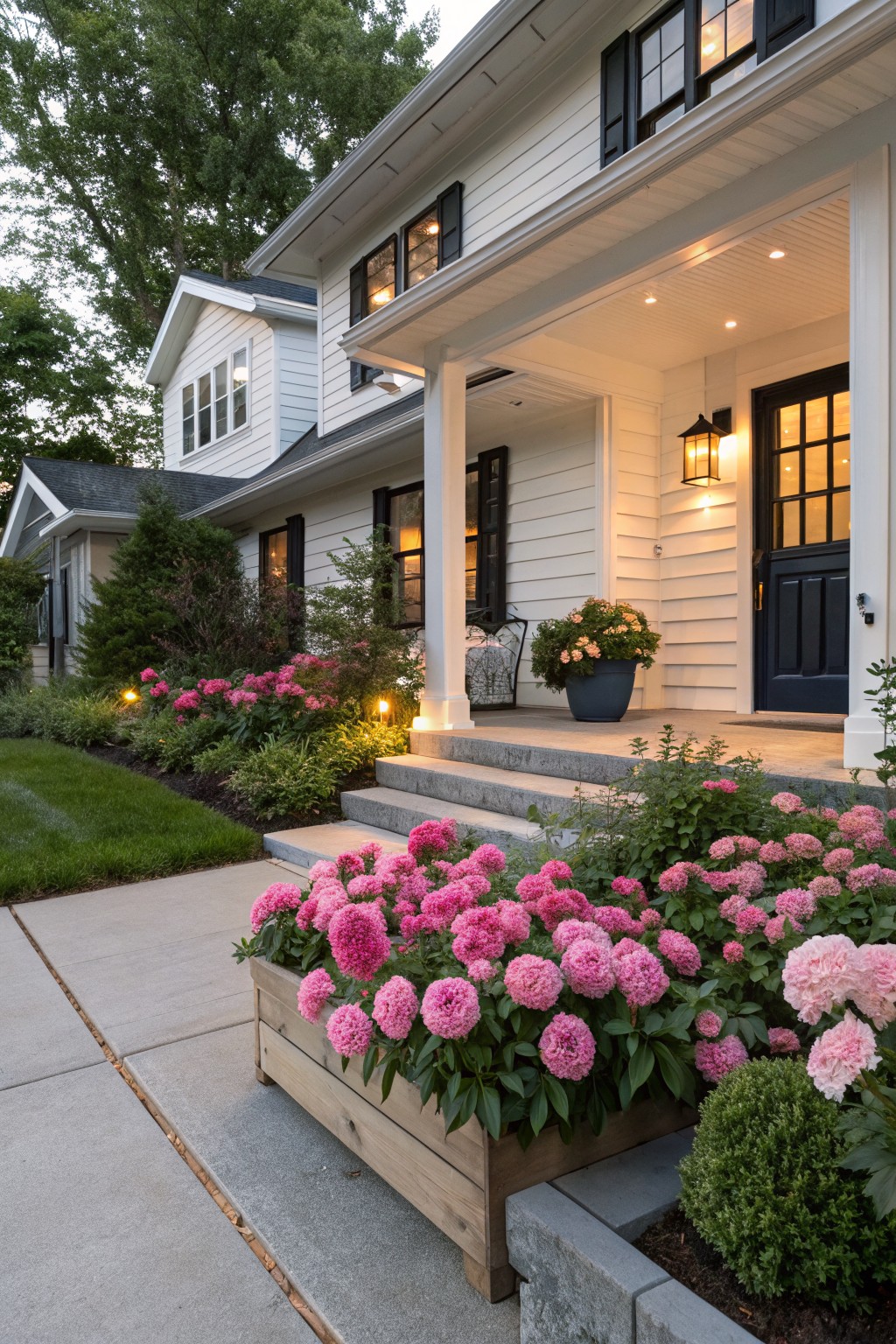 White house with black shutters and covered front porch, concrete steps leading to navy door, large wooden planter box filled with pink peony blooms beside walkway, additional peonies in garden beds with landscape lighting.