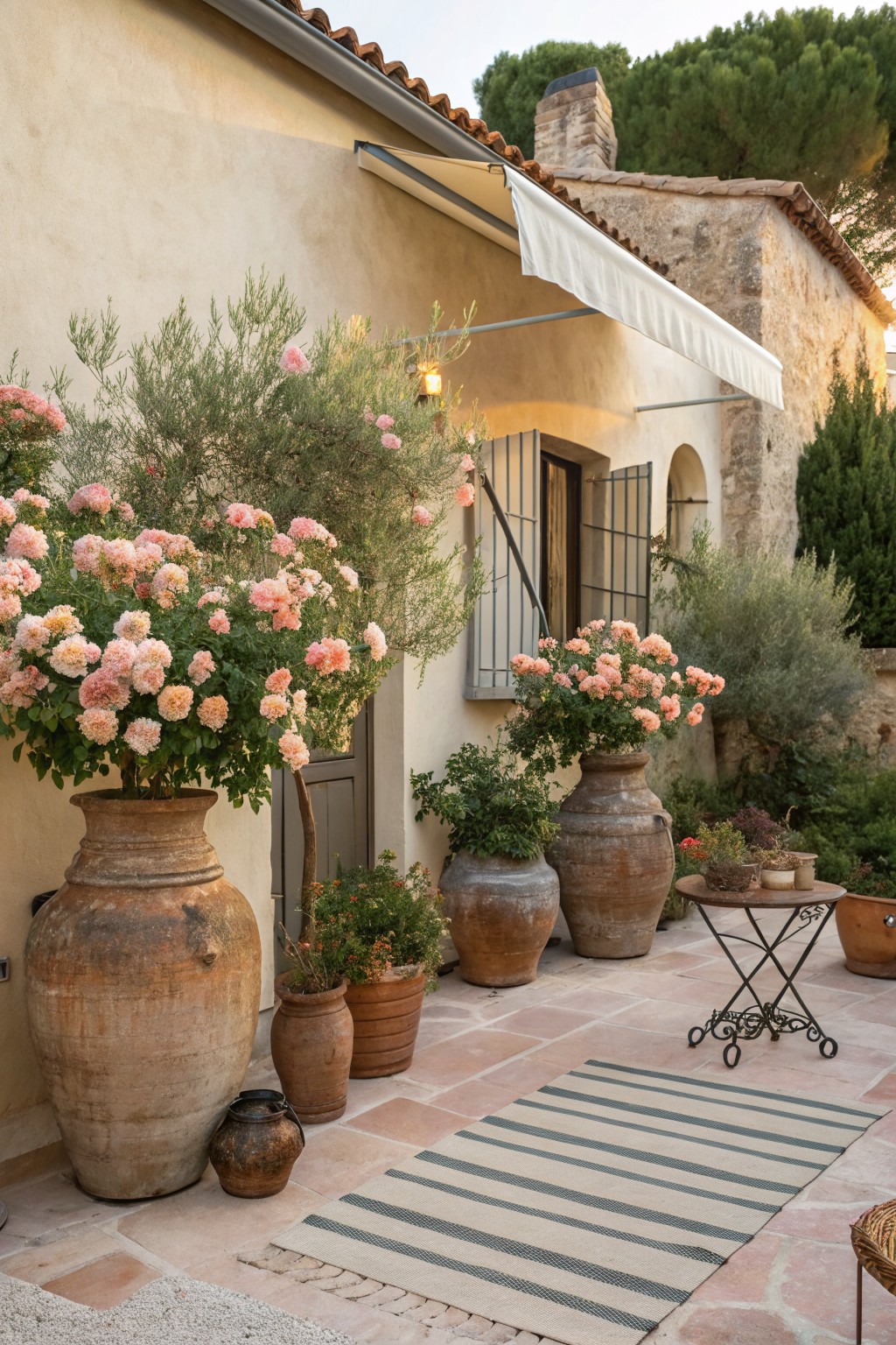Beige stucco house wall with wooden door and shuttered window, flanked by large terracotta pots overflowing with clusters of pink peony-like flowers, olive shrubs, smaller pots, striped rug, and small metal table on terracotta tile patio.
