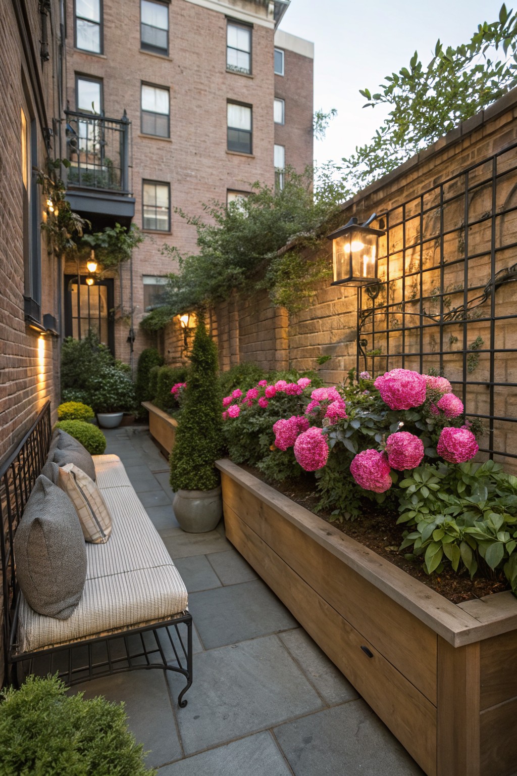 Narrow brick-lined courtyard pathway with raised wooden planters filled with clusters of pink peony blooms, a metal bench with gray cushions, lanterns on the wall, topiary shrubs, and greenery.