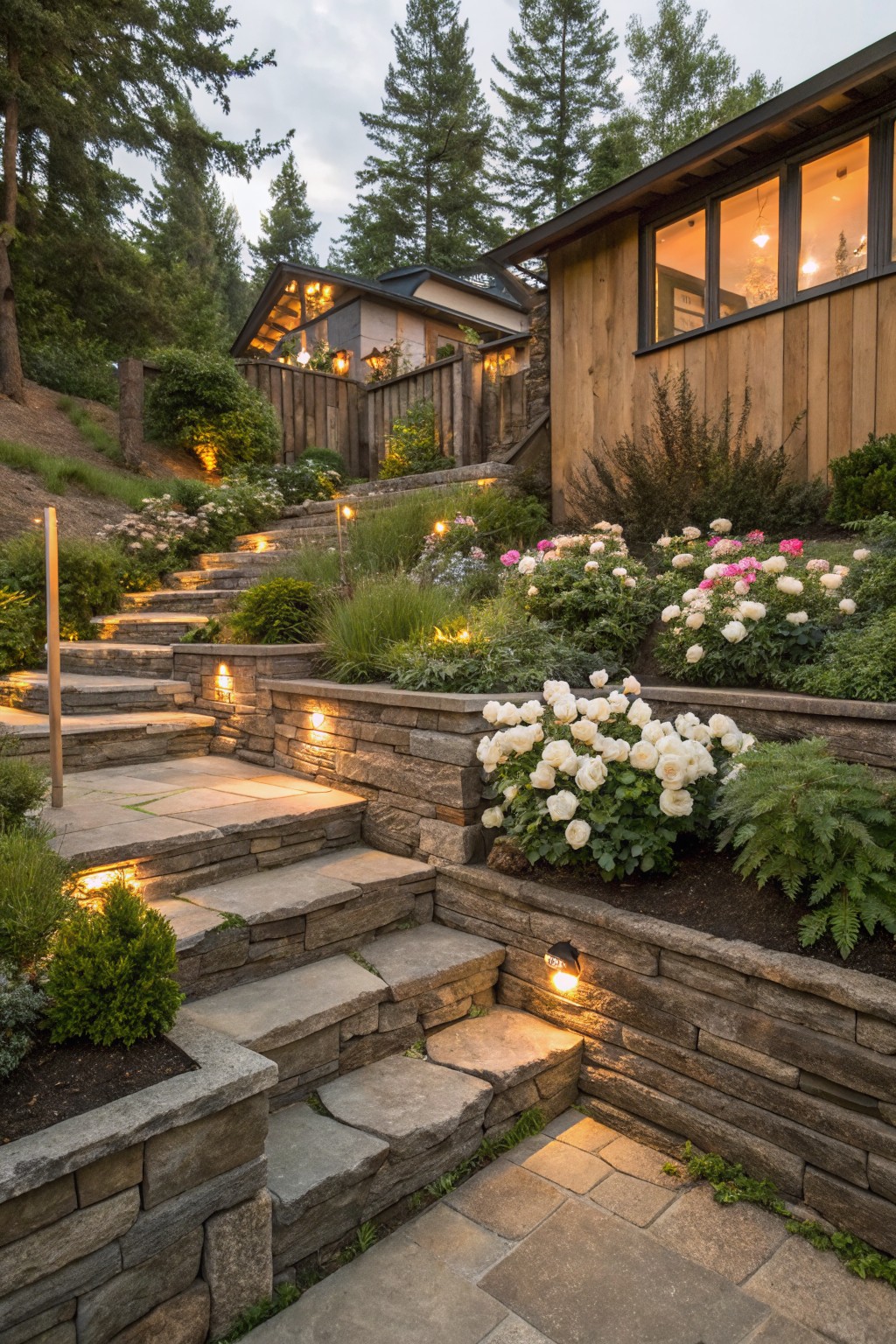 Stone steps flanked by terraced retaining walls planted with white peonies, grasses, and shrubs, leading uphill through a wooded area to wooden houses with evening lights.