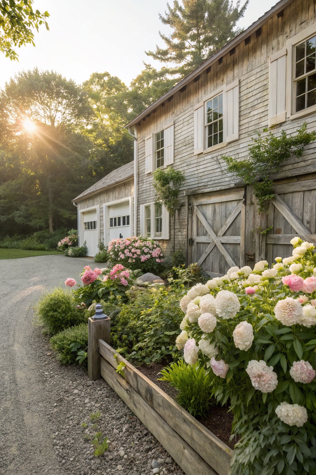 Gravel driveway edged by raised wooden planter beds filled with pink peonies and white hydrangeas next to a rustic weathered wood garage and house with white shuttered windows and climbing vines, trees and sunset light in background.
