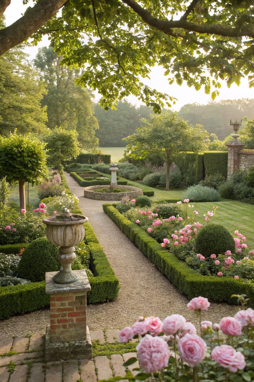Formal garden with central gravel pathway edged by low boxwood hedges and borders overflowing with pink roses, stone urn flanked by brick pillar, circular fountain ahead, trees and lawns in background.