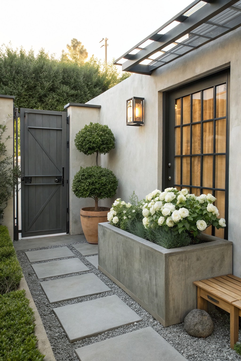 Gravel and concrete paver pathway lined with low plants and shrubs leading to a black metal gate, with white flowering plants in a concrete trough planter and terracotta pot beside a stucco wall and black-framed window.