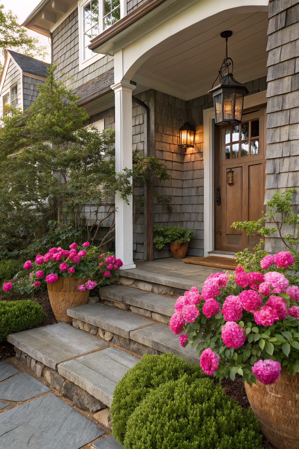 Shingle-style house entrance featuring stone steps flanked by large woven pots overflowing with pink peony blooms, boxwood shrubs, and porch lanterns beside a wooden door.