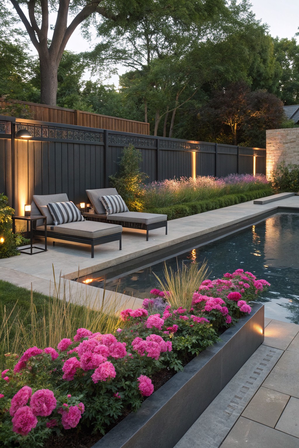 Sleek rectangular pool with gray stone deck, two cushioned lounge chairs and side table nearby, ornamental grasses and perennials in beds, prominent pink peony blooms overflowing a long black metal trough planter at the pool edge, black paneled fence with uplights in background.
