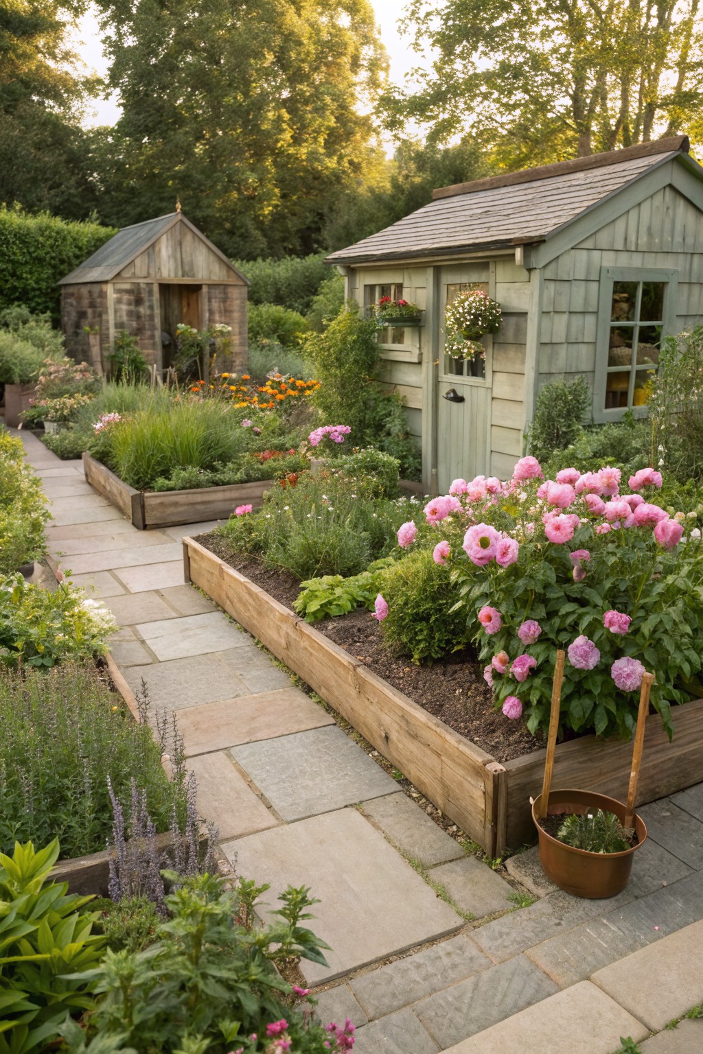 Stone garden path flanked by wooden raised beds planted with pink peonies, herbs, grasses, and other flowers, with small sheds and trees in the background.