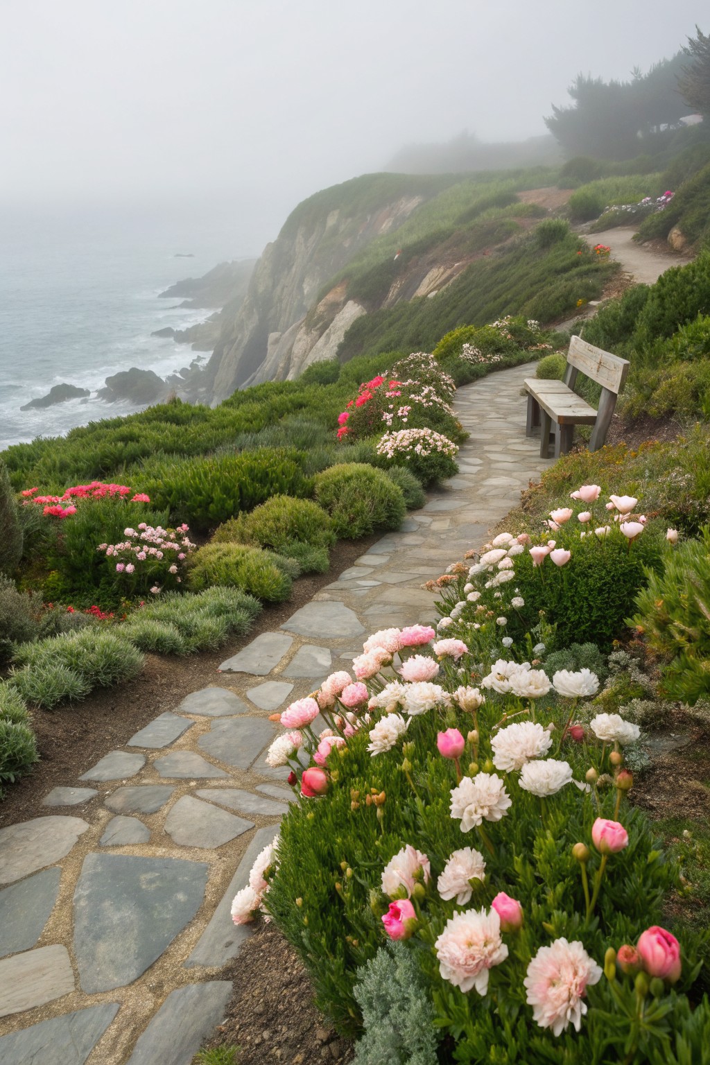 Foggy coastal cliffside garden path of irregular stone slabs lined with blooming pink and white peonies and green shrubs, curving toward a wooden bench overlooking the ocean.