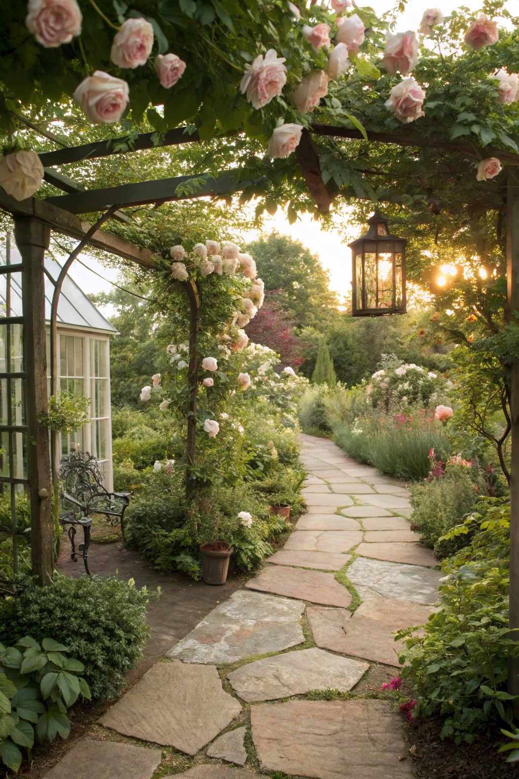 Wooden archway pergola covered in clusters of pink climbing roses over a meandering flagstone path in a lush garden, flanked by green plants and flowers, with a glass greenhouse structure, wrought-iron bench, terracotta pot, and hanging lantern visible.