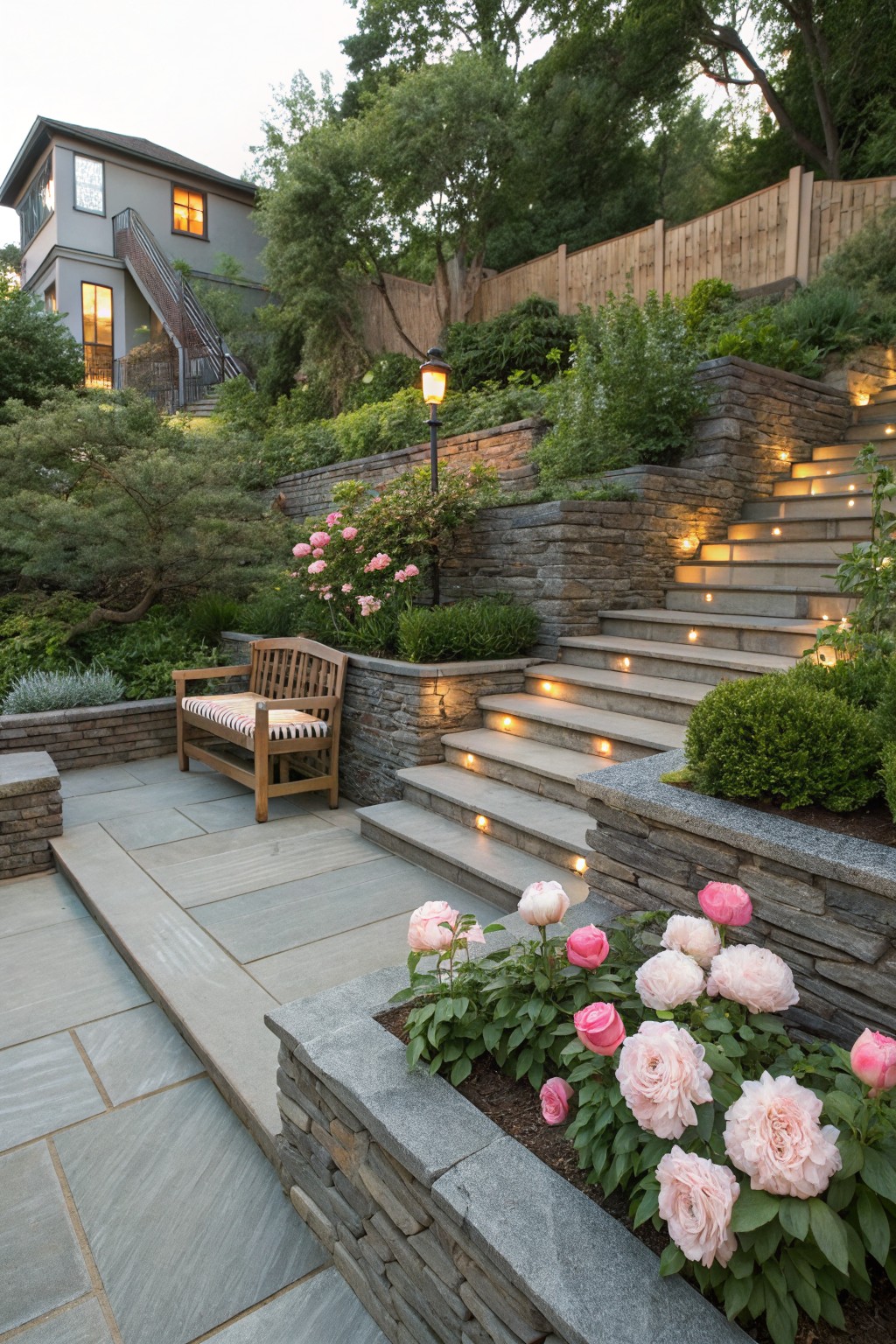 Sloped garden with stone retaining walls forming terraces, concrete steps with embedded low lights leading uphill, pink peony flowers in wall planters and beds, wooden bench on stone patio at base, greenery and trees surrounding, house visible in background.