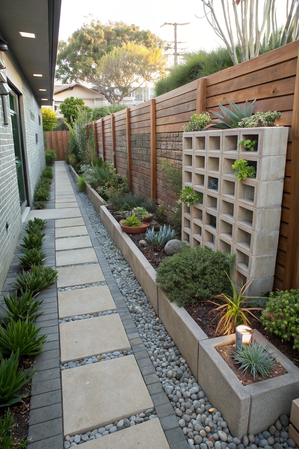 Narrow side yard pathway with raised concrete block planters filled with succulents, agaves, and grasses, edged by gravel mulch and square concrete stepping stones next to a wooden fence.