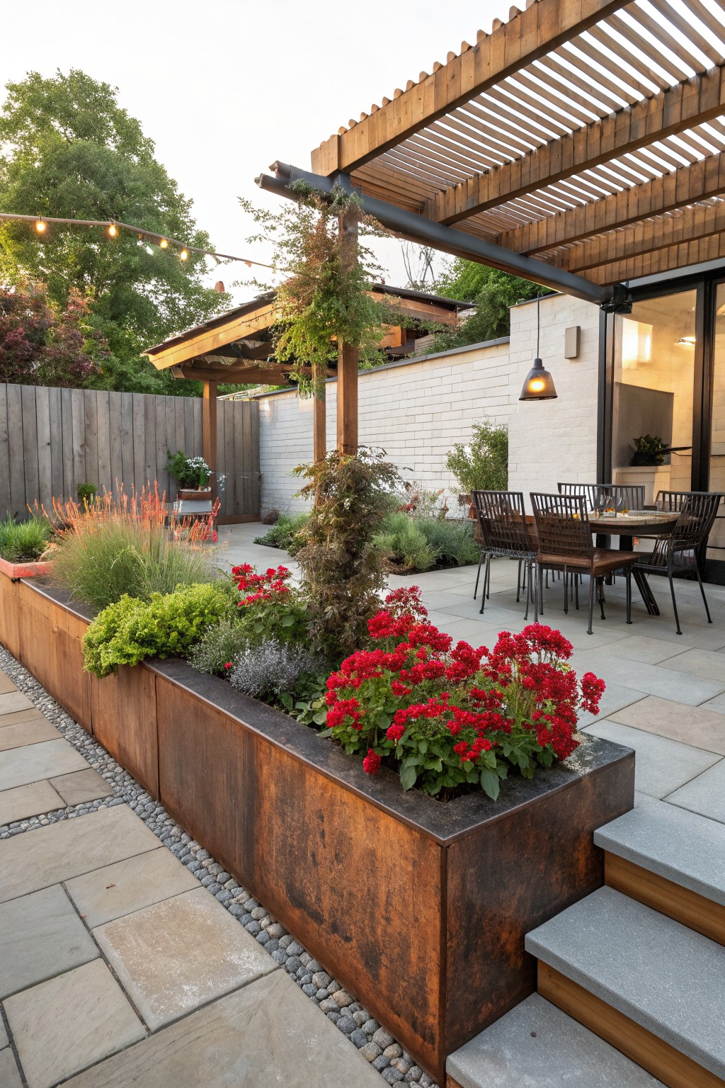 Backyard patio edged by rectangular corten steel raised planters filled with red geraniums, grasses, and shrubs, next to a gravel-bordered paver path, wooden dining table, and pergola structure.
