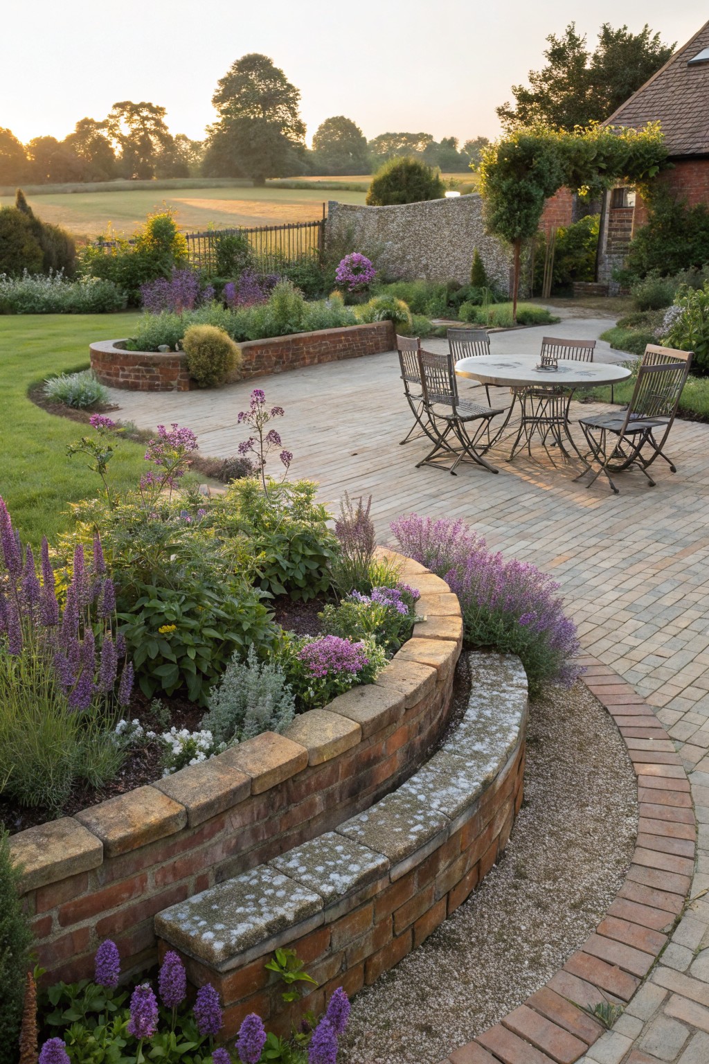 Curved brick raised beds planted with purple perennials and other flowers border a brick-paved patio with metal bistro table and chairs in a landscaped garden.