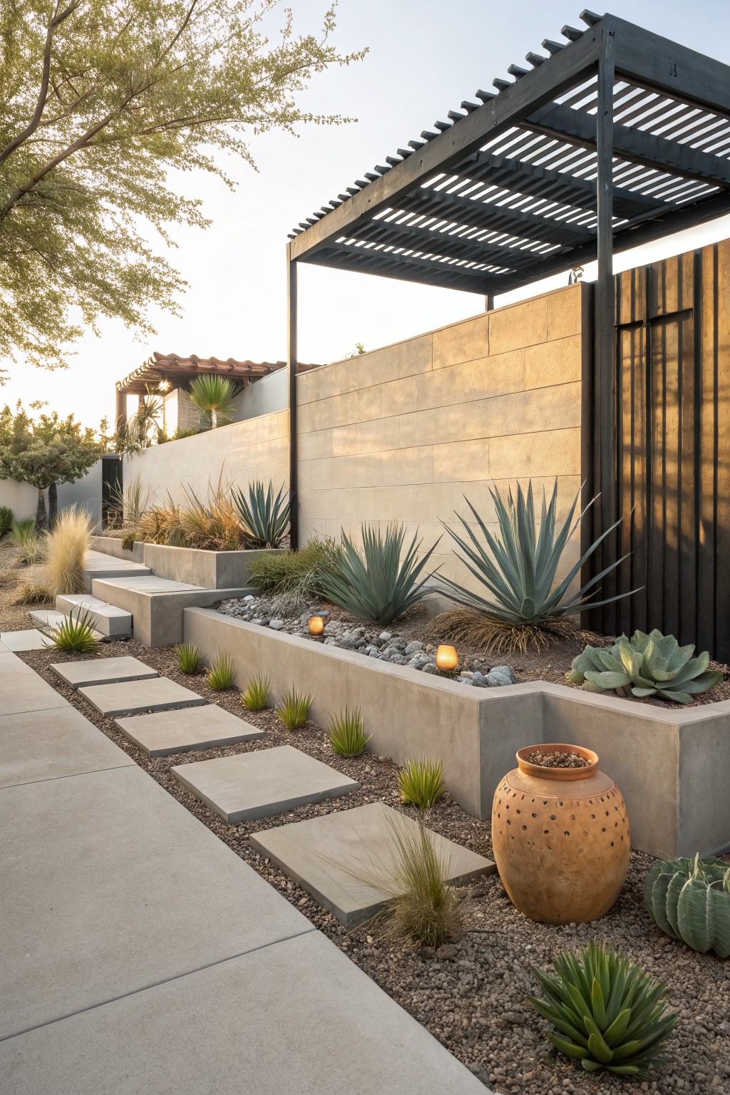 Stone paver pathway flanked by tiered concrete raised beds planted with agave succulents, grasses, and gravel, next to a tall concrete wall and wooden gate under a pergola.