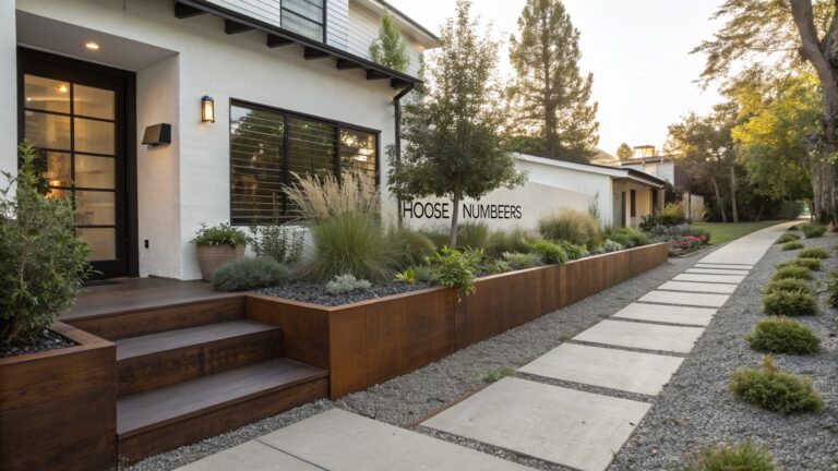 Modern house entrance with a concrete paver pathway lined on one side by corten steel raised planters containing ornamental grasses, shrubs, and small trees, adjacent to a wooden fence and mature trees.