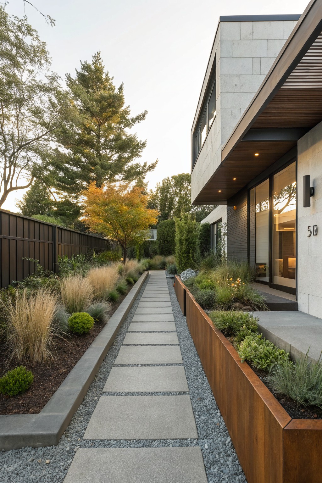 Modern house entrance with a concrete paver pathway lined on one side by corten steel raised planters containing ornamental grasses, shrubs, and small trees, adjacent to a wooden fence and mature trees.