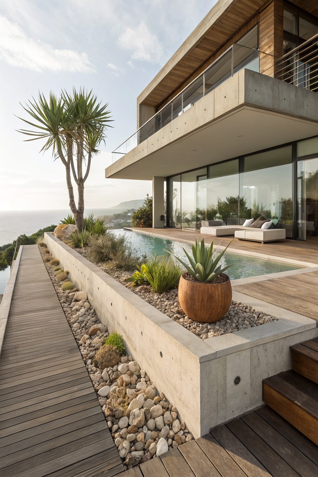 Modern outdoor deck with infinity pool beside a wooden pathway, linear raised concrete planters filled with gravel, rocks, succulents, agave plants, and a potted agave overlooking the ocean.