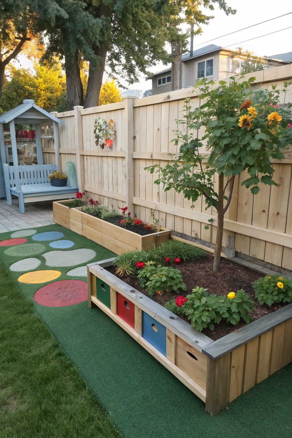 Wooden raised flower bed with colorful red, green, blue, and yellow panels filled with plants, set in a backyard with stepping stone path, additional planters, fence, and trees.