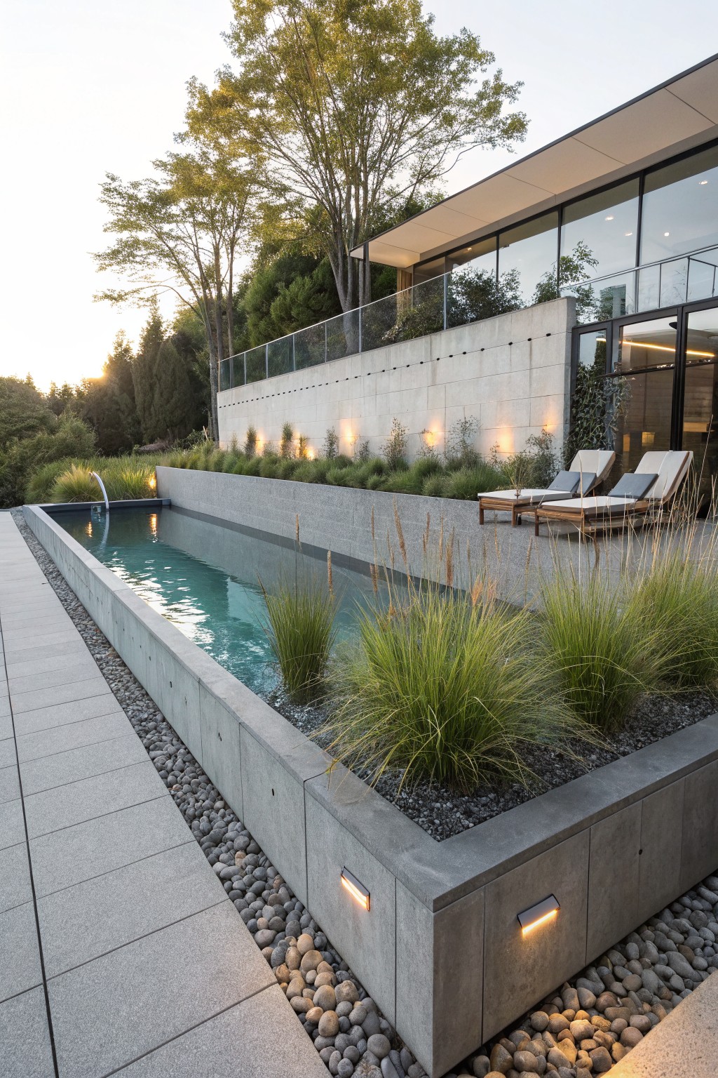 Long infinity-edge pool with raised concrete planters filled with tall ornamental grasses along one side, pebble ground cover, two lounge chairs, and a modern house with large windows on a hillside above.