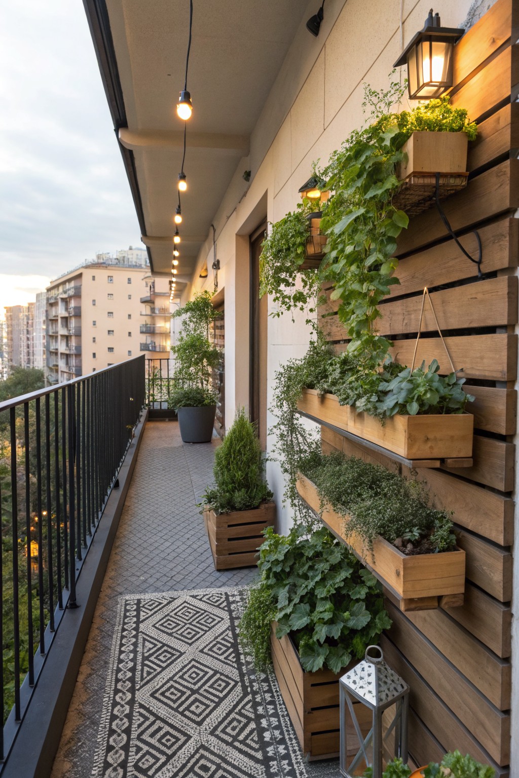 Long narrow balcony with black metal railing, gray tiled floor, patterned black and white rug, multiple gray pots with plants, wooden slatted wall holding stacked wooden planters filled with green herbs and vines, string lights overhead, and wall lanterns.