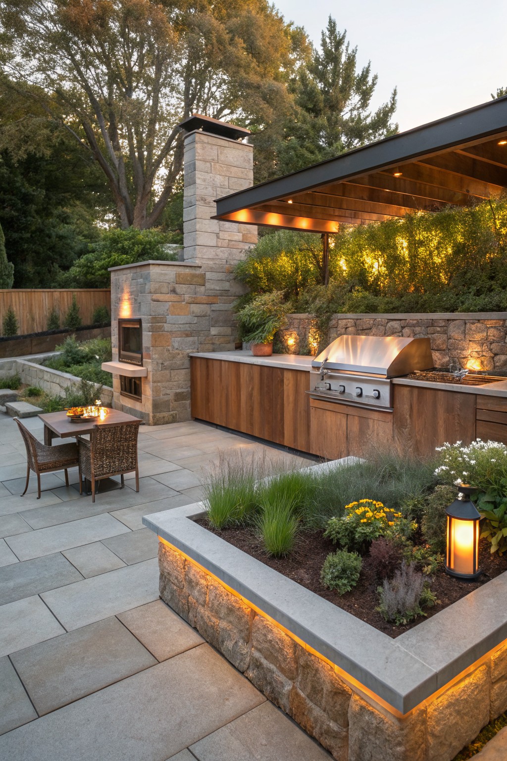 Modern outdoor kitchen patio with stone fireplace, wood cabinetry, stainless steel grill, small wicker dining table, paver flooring, and raised stone planters edged with LED lighting containing ornamental grasses and flowers.