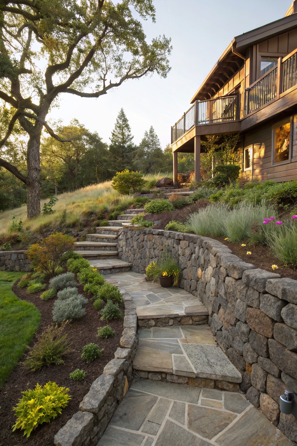 Sloped stone pathway with curved retaining walls forming raised planting beds filled with grasses and flowers, leading to a wooden house exterior.