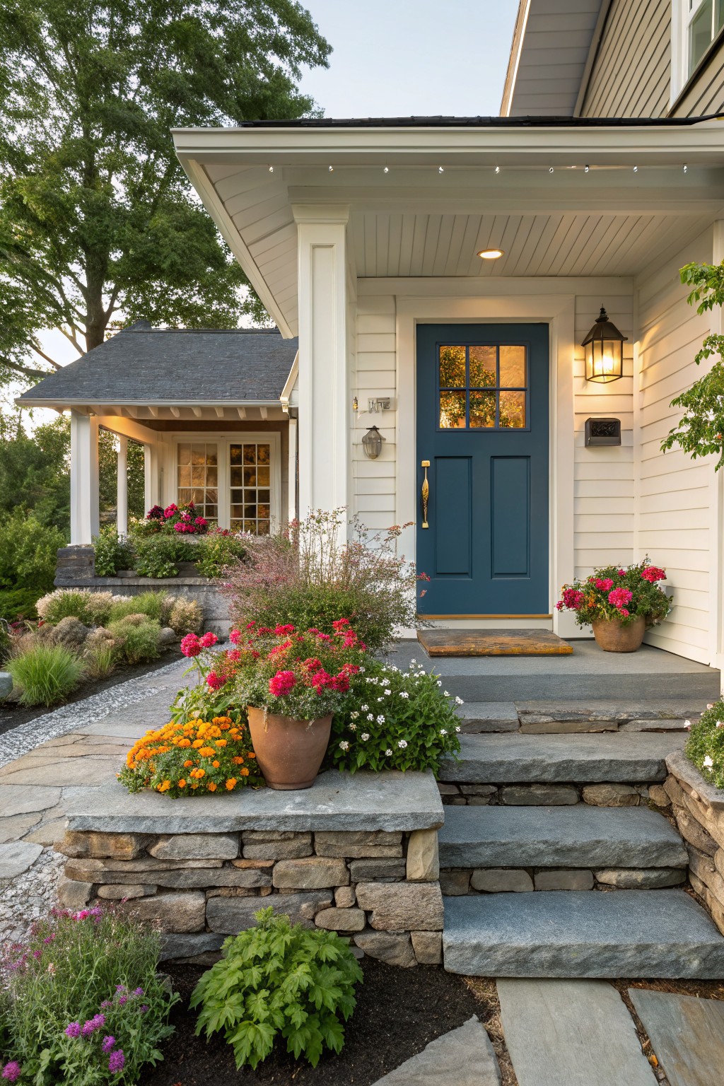White clapboard house exterior with navy blue front door, slate steps flanked by stone retaining walls planted with pink geraniums, orange marigolds in terracotta pots, and various green shrubs.