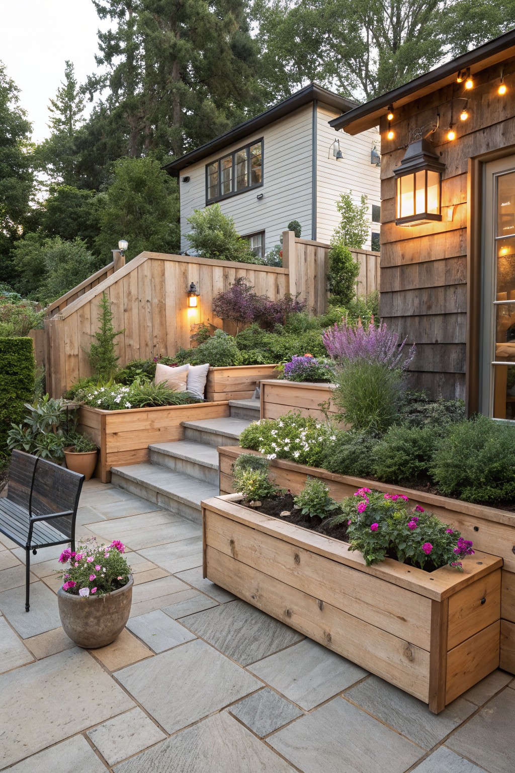 Sloped backyard patio with tiered wooden raised flower beds containing various plants including lavender and pink flowers, concrete steps, black metal bench, potted plants, wooden fence, and outdoor lanterns and string lights near a shingled structure.