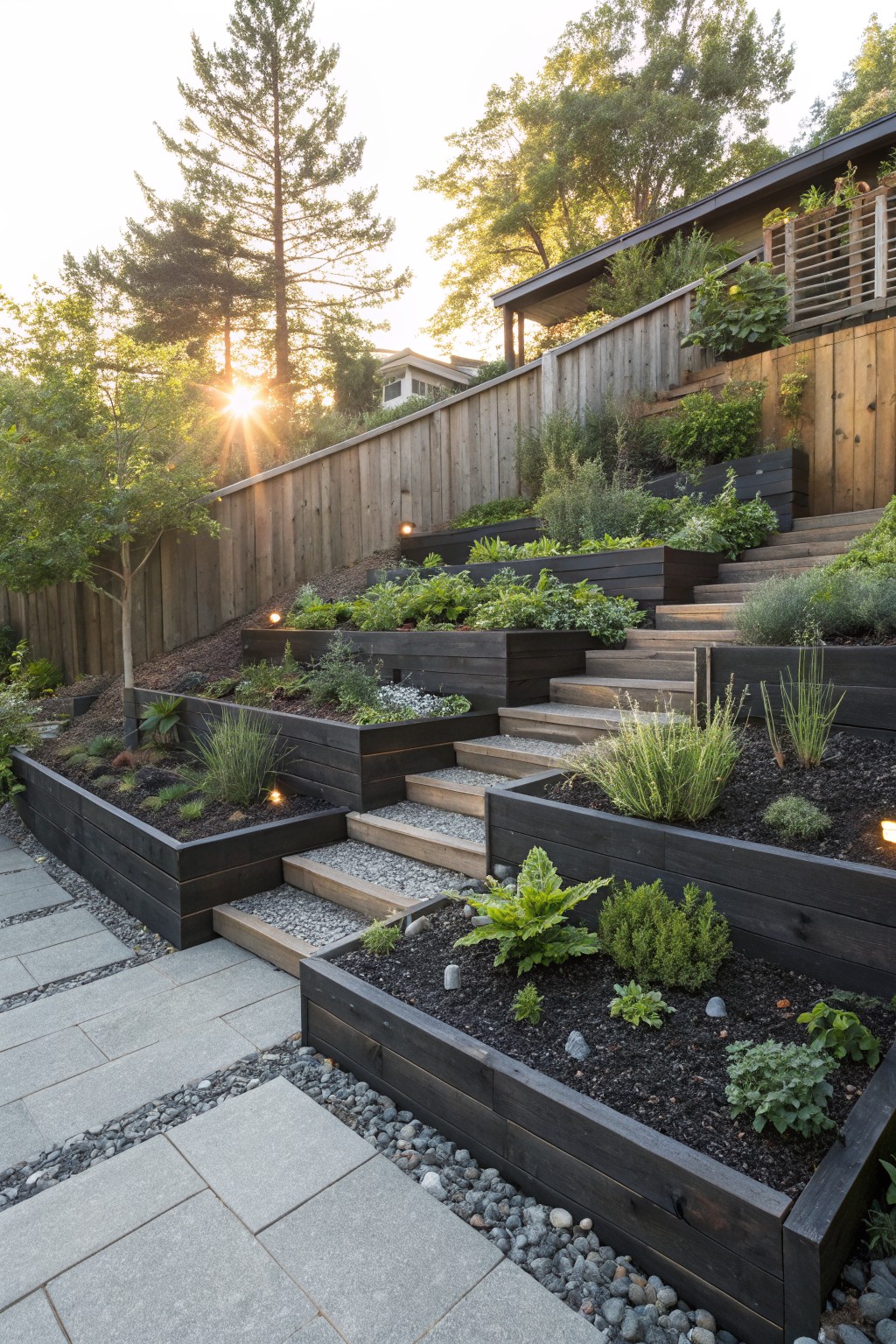 Sloped backyard with multiple tiers of black wood raised garden beds planted with herbs, grasses, and ferns, connected by wooden steps, gravel and stone paver path at the bottom, low landscape lights, trees, and wooden fence in the background.