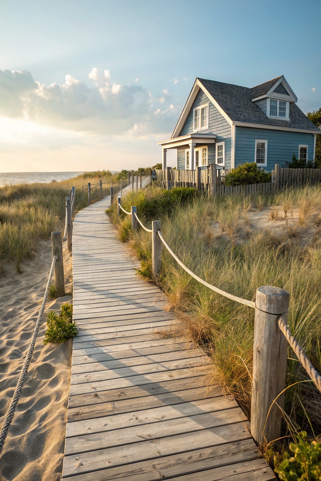 Blue shingled beach house on dunes at sunset with a wooden boardwalk path bordered by sea grass and rope railings leading from the sandy beach.