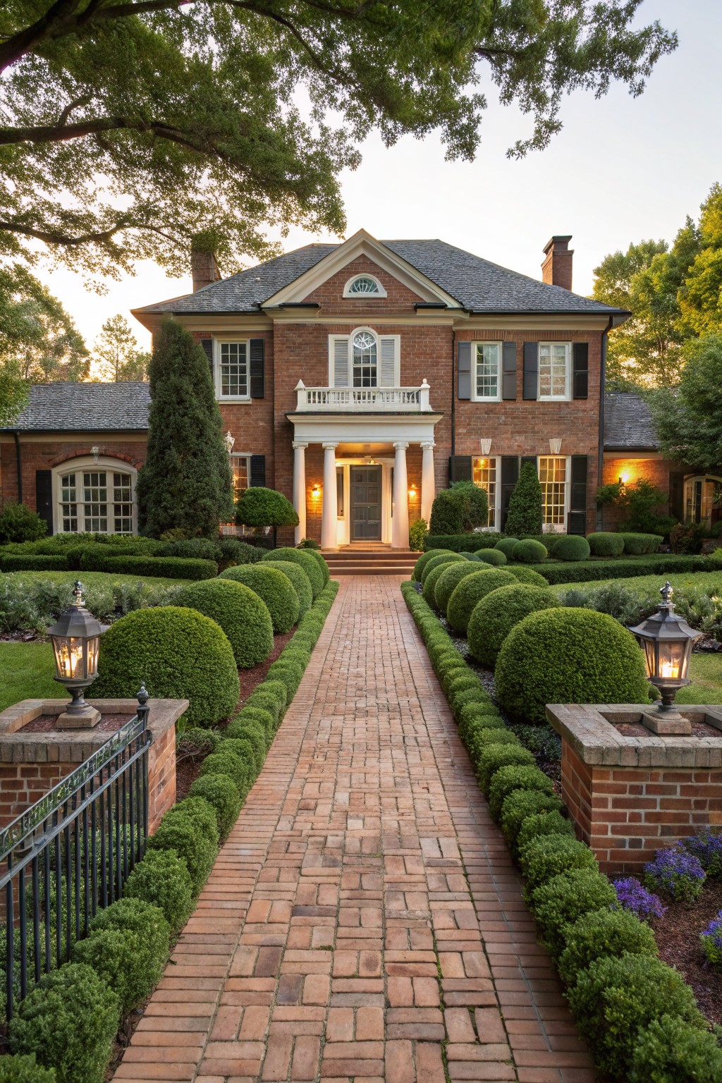 Brick pathway lined on both sides with evenly spaced spherical boxwood shrubs leading to the columned front entrance of a brick house with formal landscaping and lanterns on brick pedestals.