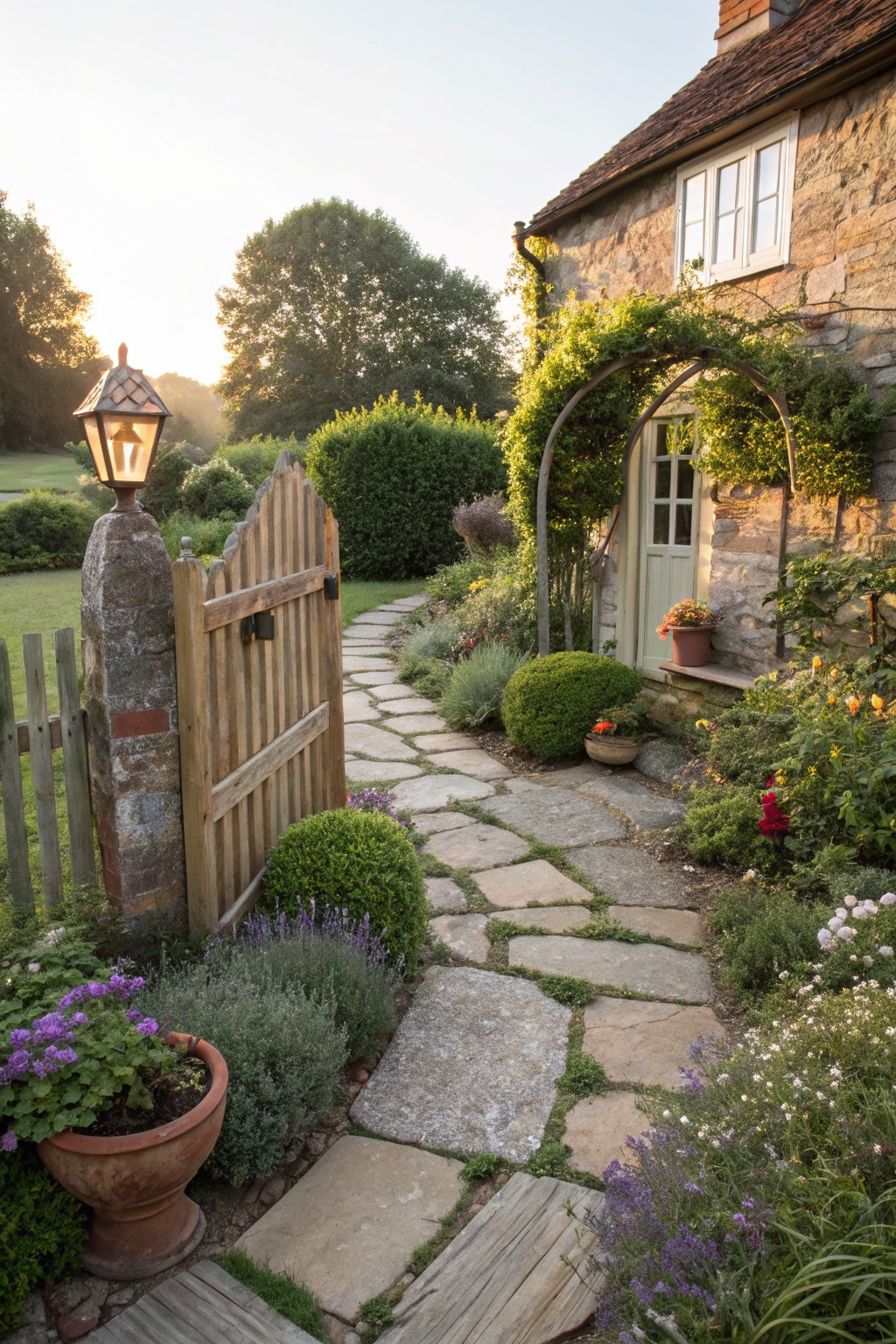 Wooden arched gate beside a lit lantern post opens onto a curving flagstone path lined with flower beds, shrubs, potted plants, and climbing vines leading to the green door of a stone cottage at dusk.