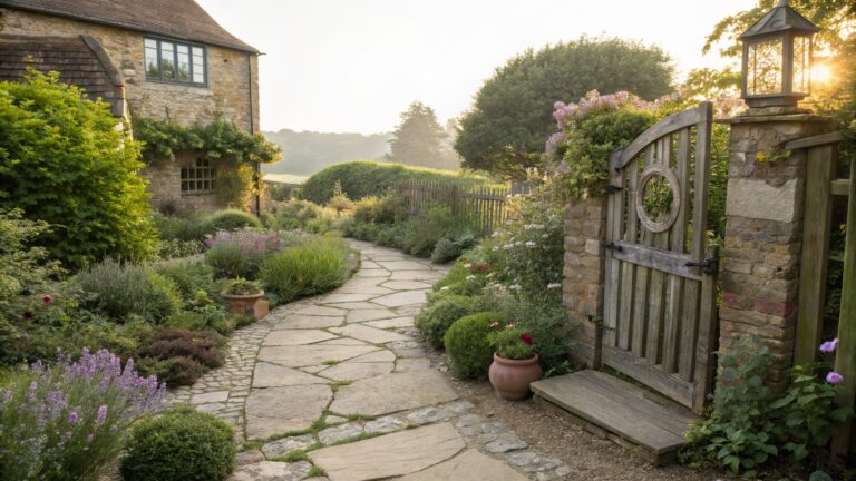 Wooden arched gate beside a lit lantern post opens onto a curving flagstone path lined with flower beds, shrubs, potted plants, and climbing vines leading to the green door of a stone cottage at dusk.