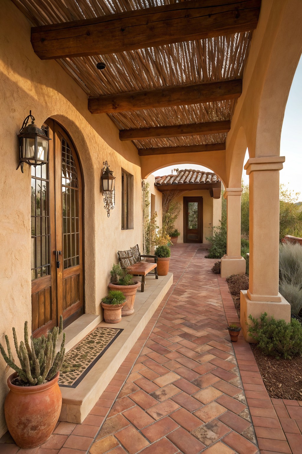 Adobe-style house front with arched wooden door under a covered porch of wooden beams and thatched ceiling, terracotta brick pathway in herringbone pattern leading to entrance, potted cacti and plants along the sides.