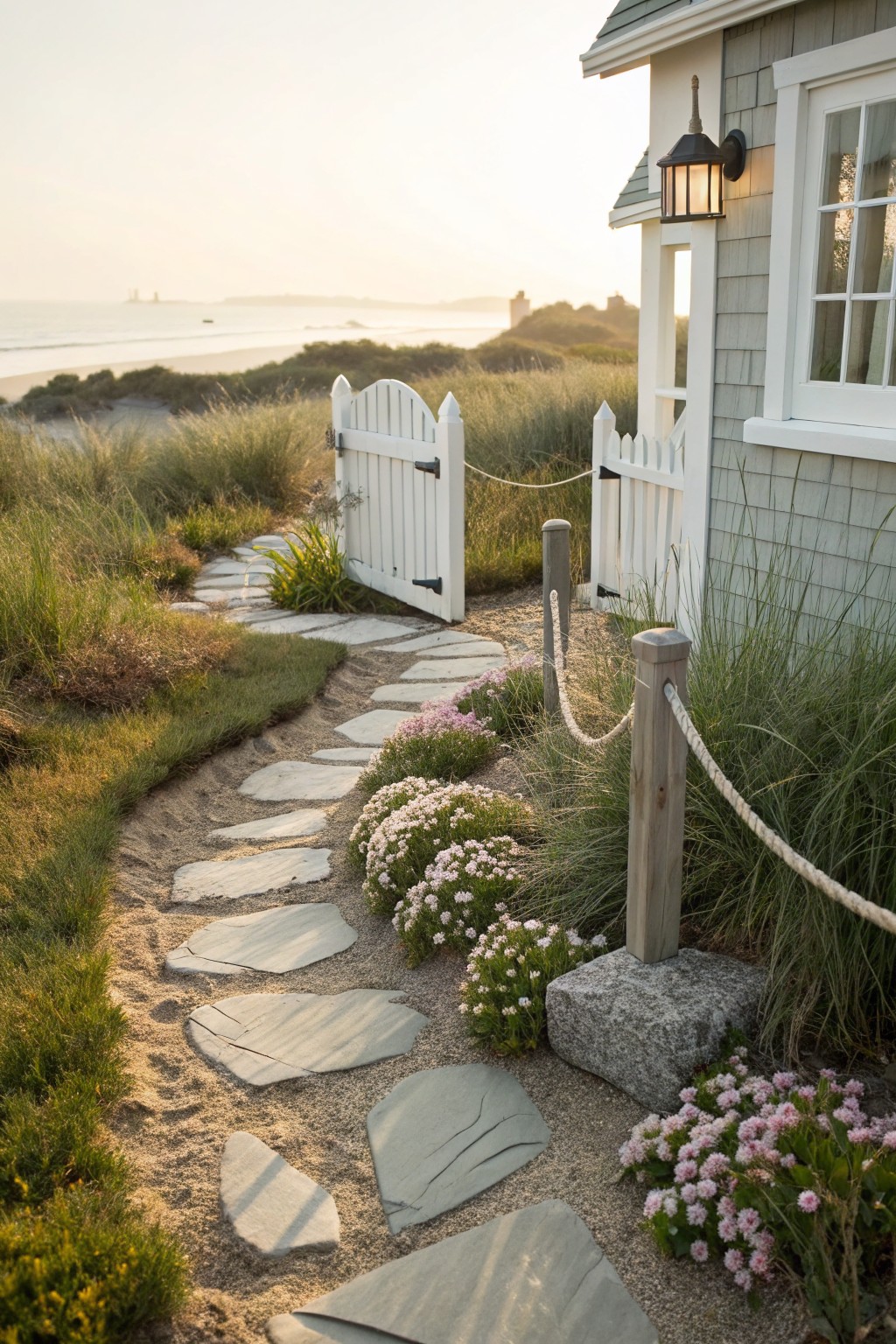 Gray irregular flagstone path winds through sand, beach grasses, pink flowers, and rope fencing toward a white picket gate next to a shingled green beach house with ocean dunes in the background at sunset.