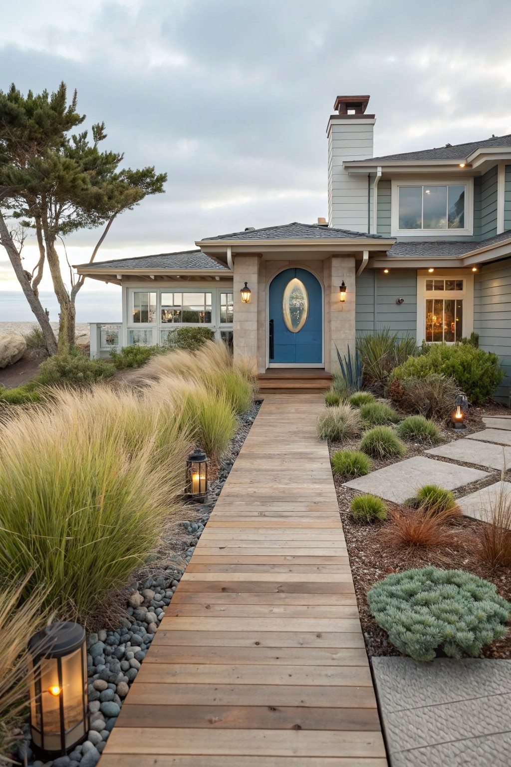 Front yard of a coastal house with teal siding, white trim, blue oval door, and chimney, featuring a wooden boardwalk path lined with tall ornamental grasses, lanterns, agave plants, shrubs, pebble mulch, and stone pavers.