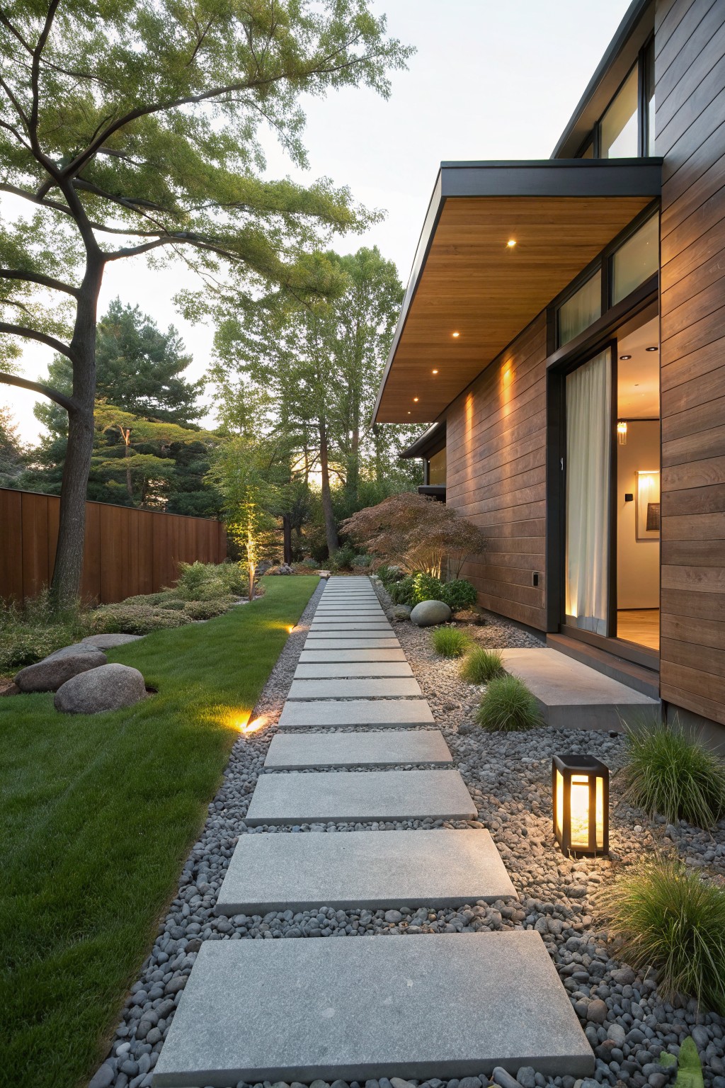 Side view of a modern wood-clad house with a covered entry, approached by a straight pathway of large rectangular gray stone slabs set into gravel beside grass, with low plants, rocks, boulders, path lights, and trees in the yard.