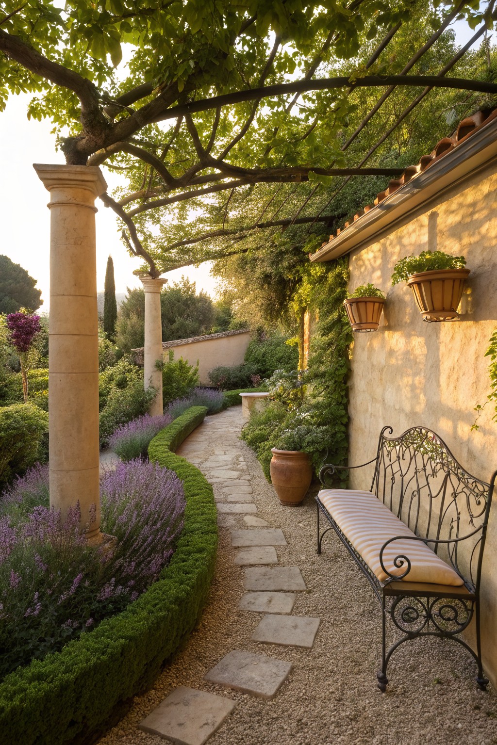 Winding stone path through a garden lined with lavender bushes and boxwood hedges, passing stone columns under a grapevine arbor, ending at a wrought-iron bench against a beige stucco wall with hanging planters.
