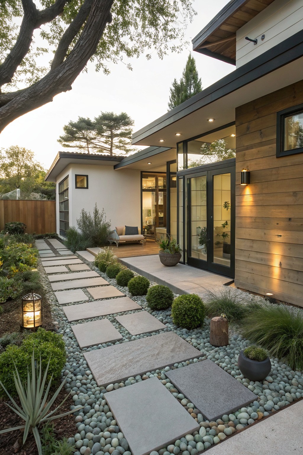 Garden path of large rectangular stone slabs set into green pebbles, lined with low shrubs, grasses, agave plants, and a lantern light, leading to the entry doors of a modern wood-clad house.