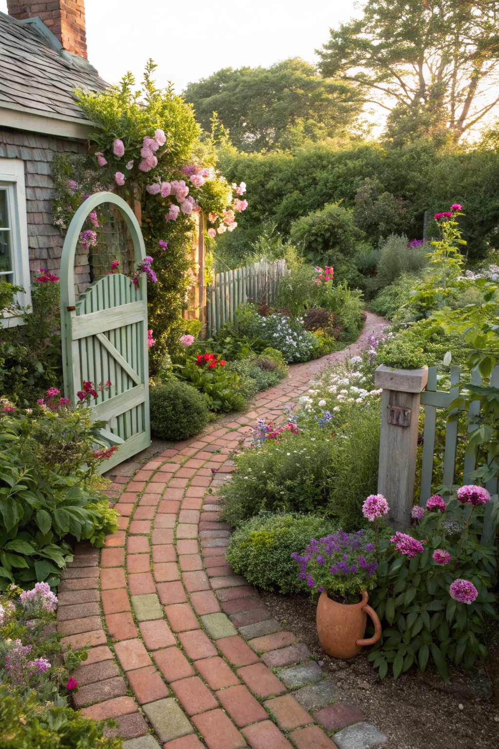 Green wooden arched gate covered in pink roses at the start of a curving red brick path winding through dense flower beds and shrubs leading toward a shingled cottage house.